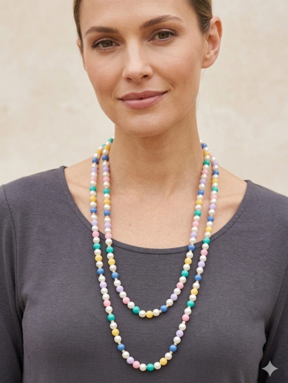 Vintage Plastic Bead Multicolor Faux Pearl Long 46" Necklace Pink Blue